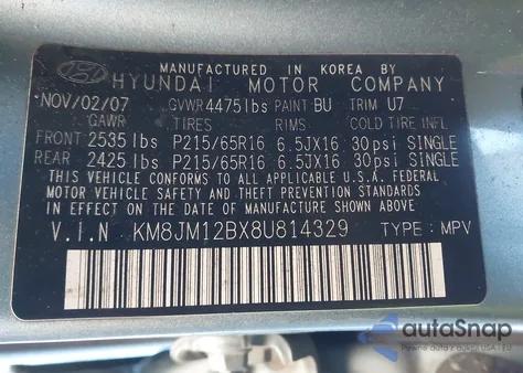 2008 Hyundai Tucson Gls from USA, damaged, VIN KM8JM12BX8U814329